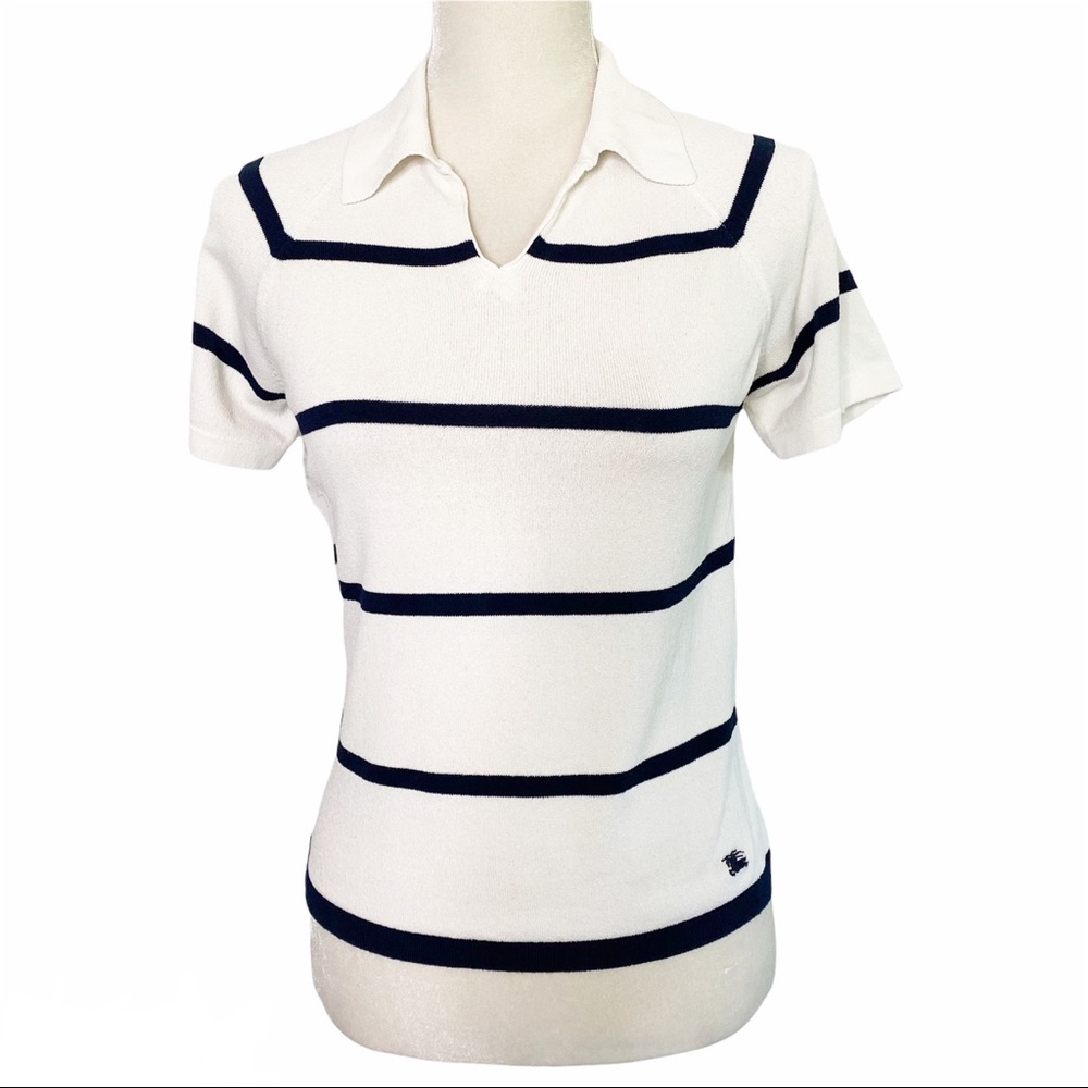 Burberry White Short Sleeve Polo Tee with Navy Stripes